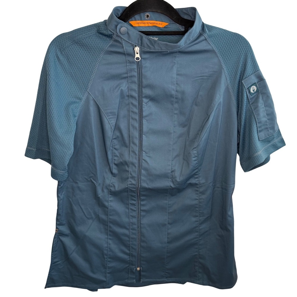 Chef Works Women's Teal Blue Short Sleeve Chef Coat Zip Front Mesh Back Size M